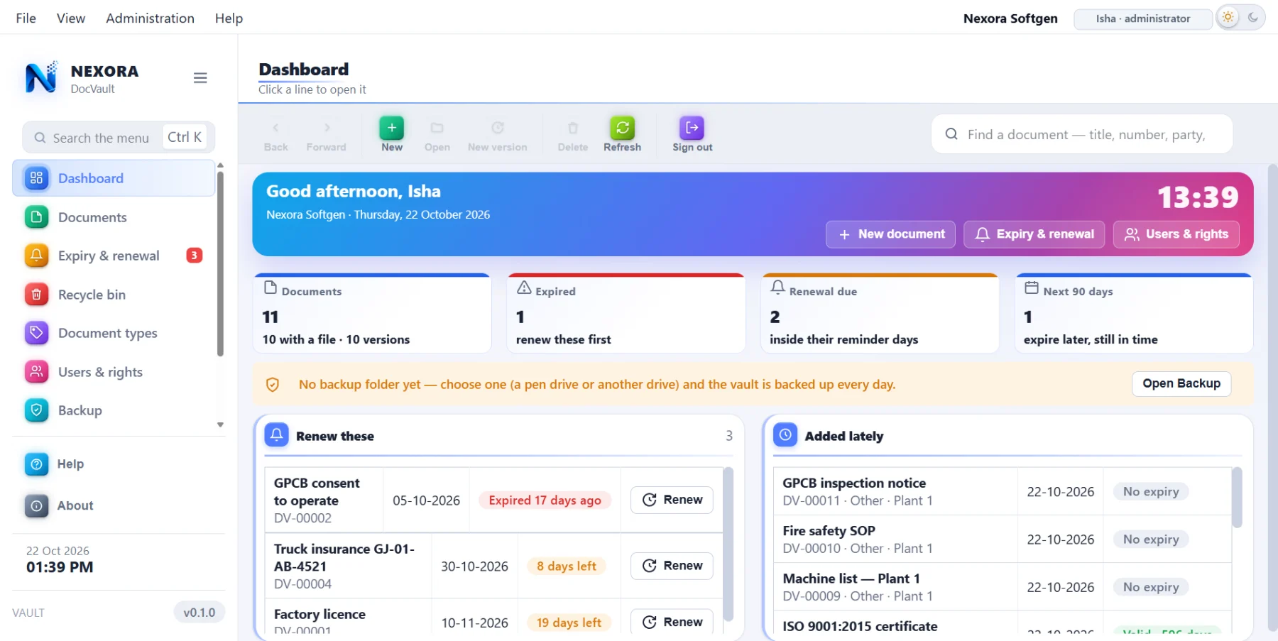 The Nexora DocVault dashboard: documents, expired, renewal due and the next ninety days