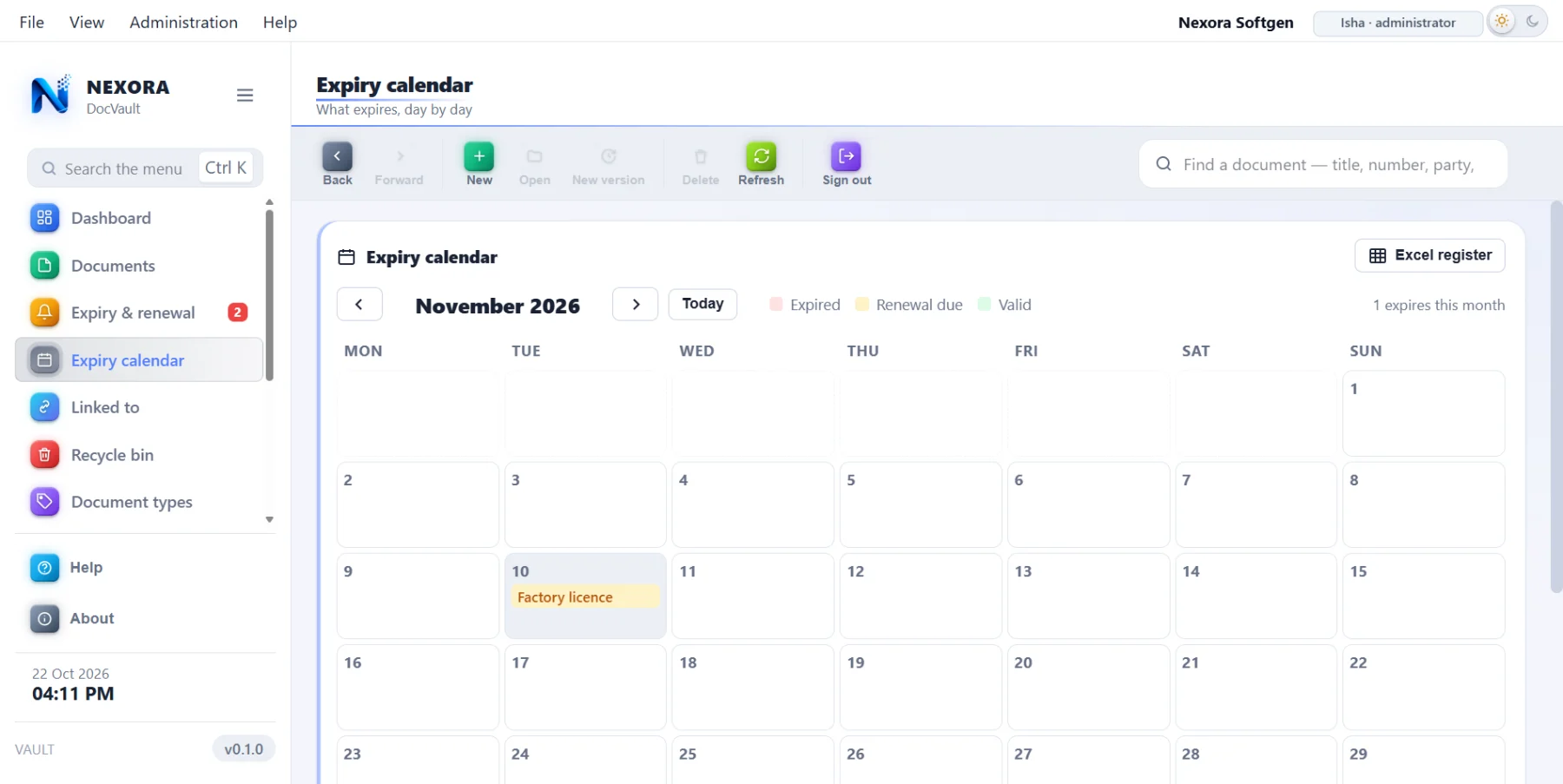 The expiry calendar for November: a month at a time, each day carrying the documents that expire on it, coloured expired, renewal due or valid, with an Excel register button