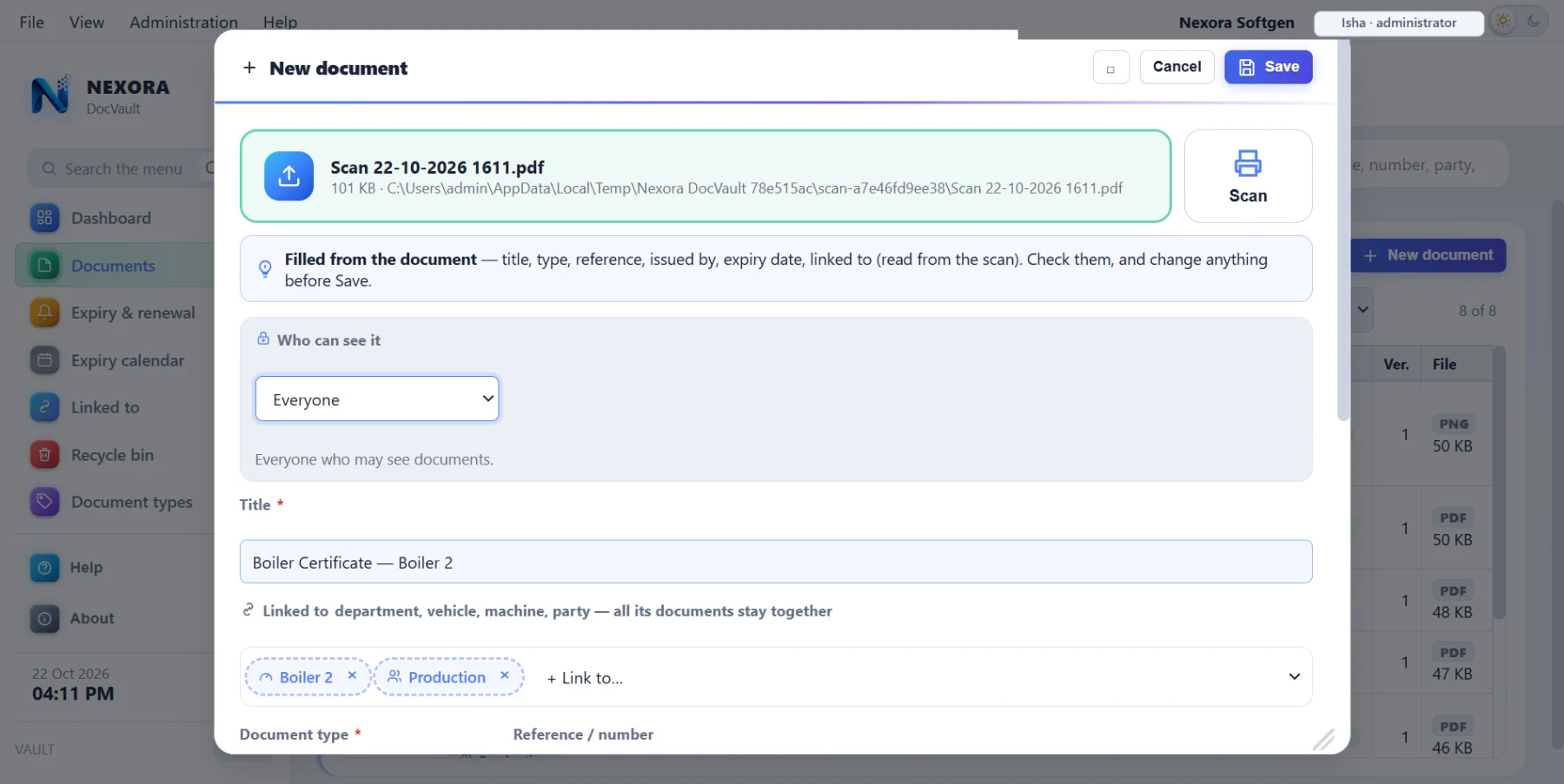 Scanning straight into DocVault: the scanner chosen, the pages coming in, and the new document made from them