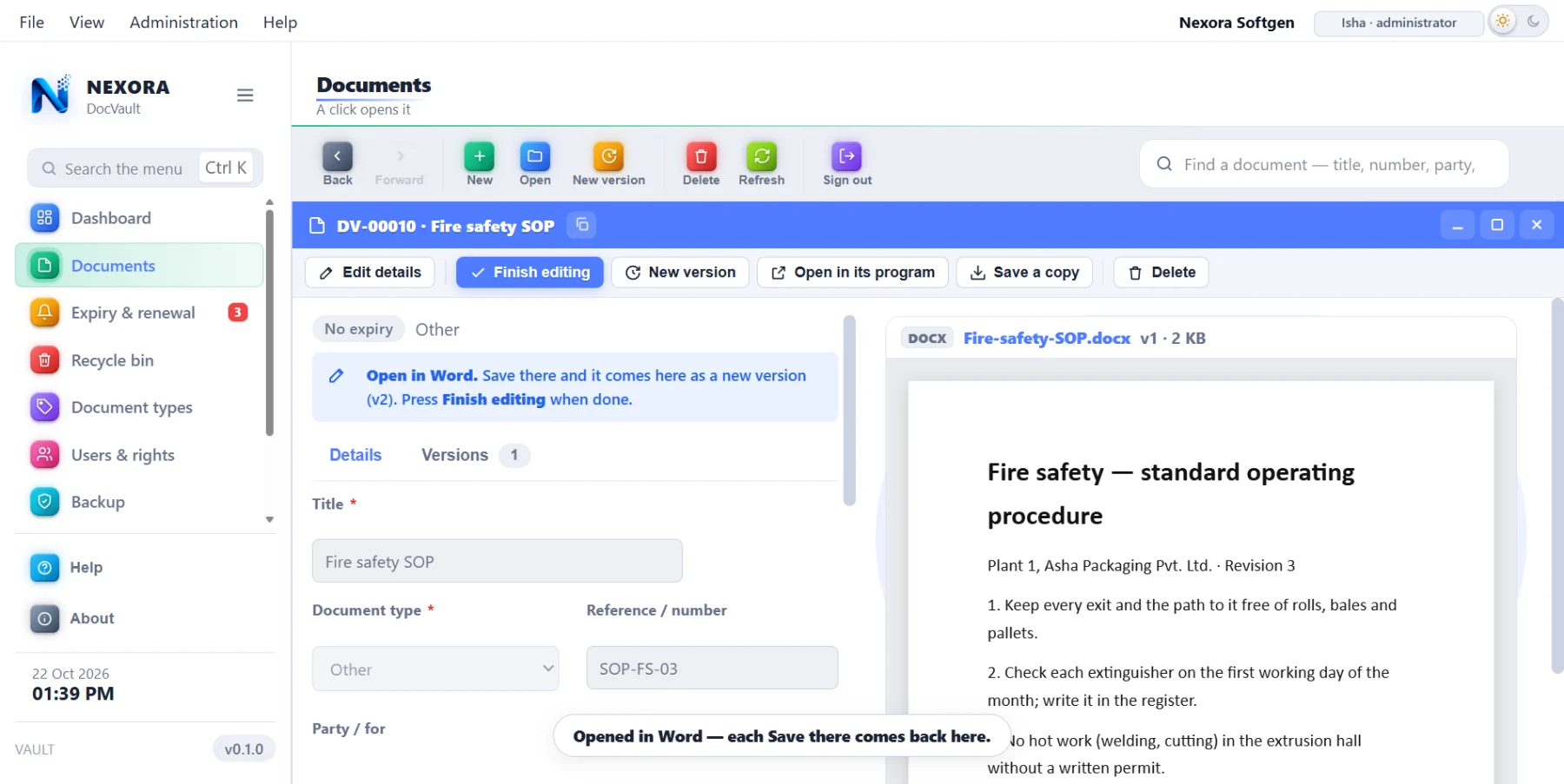 A Word document opened from DocVault in Word itself; on save and close it returns as a new version
