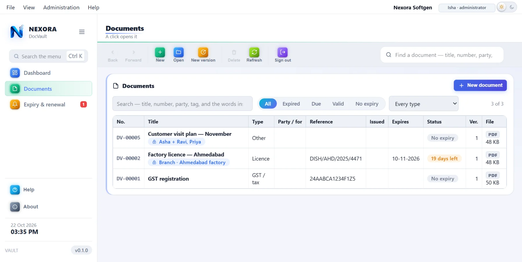 The documents list as a branch user sees it: only that branch's documents, with the ones they may not see absent