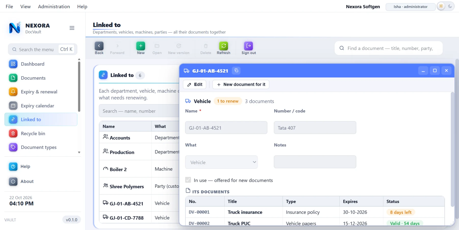 One vehicle opened: every document linked to it, each with its number, expiry and days left