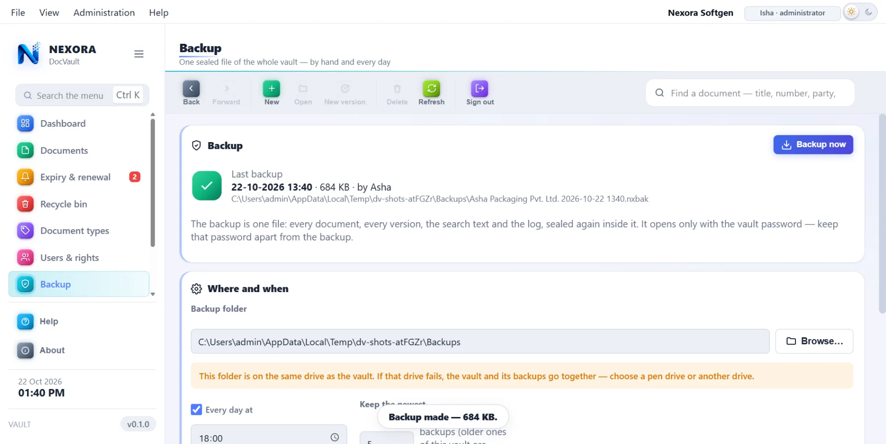 Backup: one sealed file, on a schedule or by hand, with restore beside it