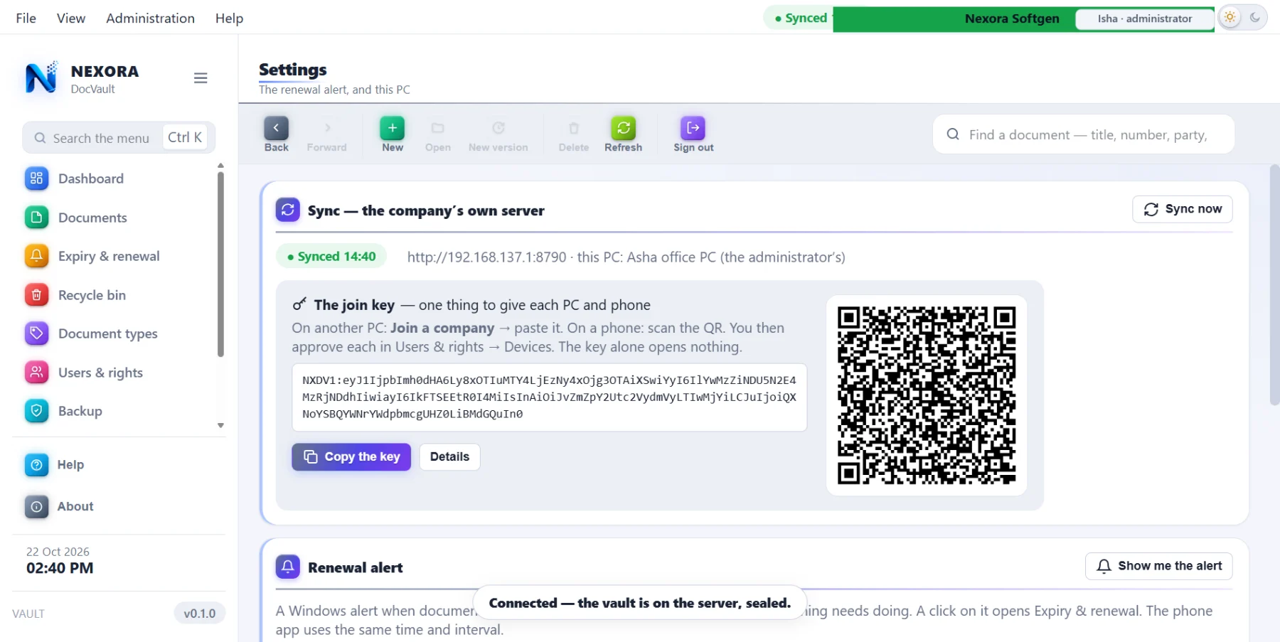 The administrator's join key and its QR code, carrying the address, company, code and password in one piece