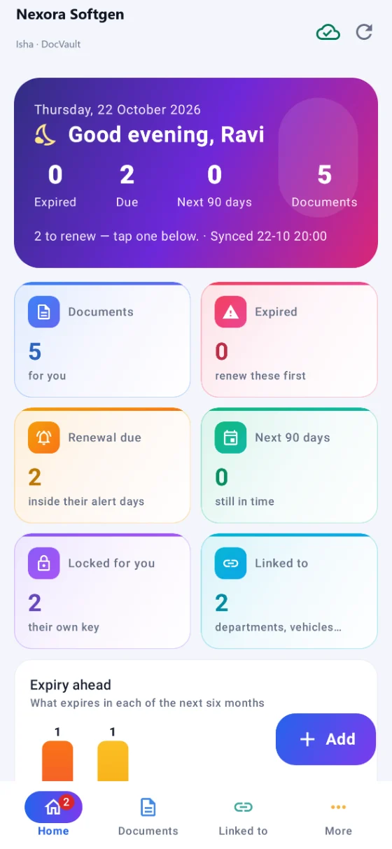 DocVault on the phone: documents, expired, renewal due and the next ninety days
