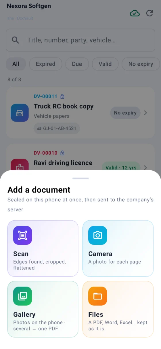 Adding from the phone: the scanner, the camera, the gallery or a file