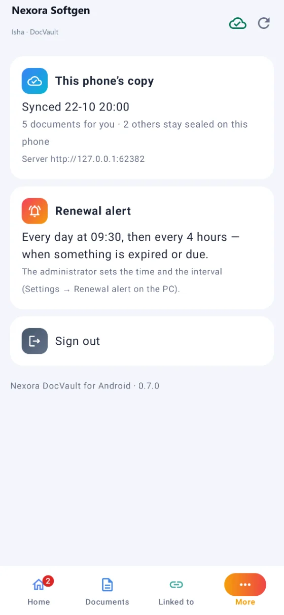 The phone's More screen: sync, and the daily alert with its time and interval