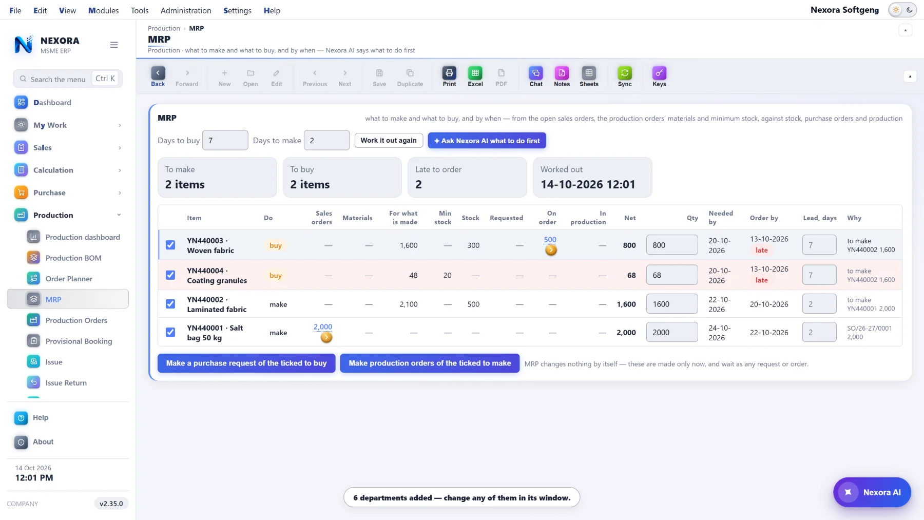 MRP: what to make and what to buy and by when, across every BOM level, with purchase requests and production orders raised from the ticked rows