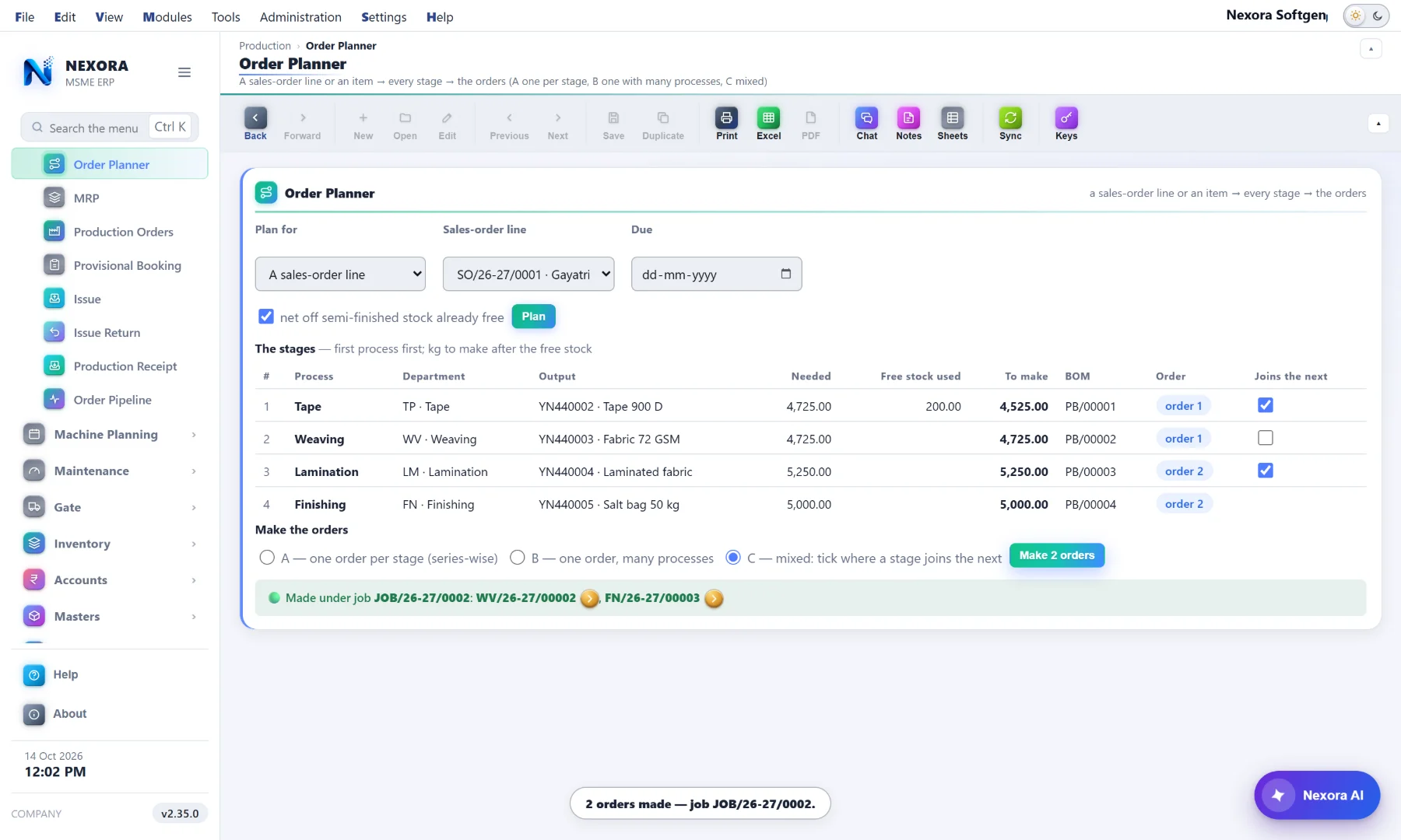 The Order Planner: a sales order broken into production orders process by process, with the plan Nexora AI suggested