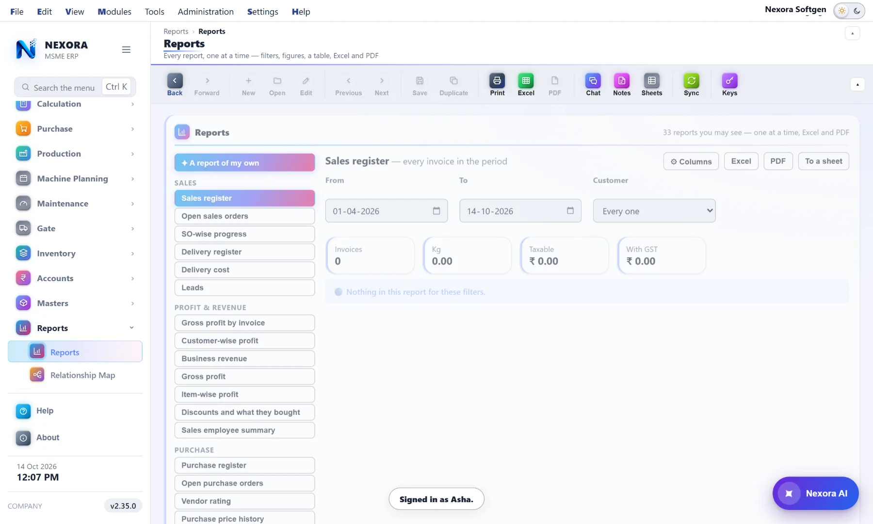 The reports list: sales, purchase, stock, production, profit and accounts, each with its own period and columns