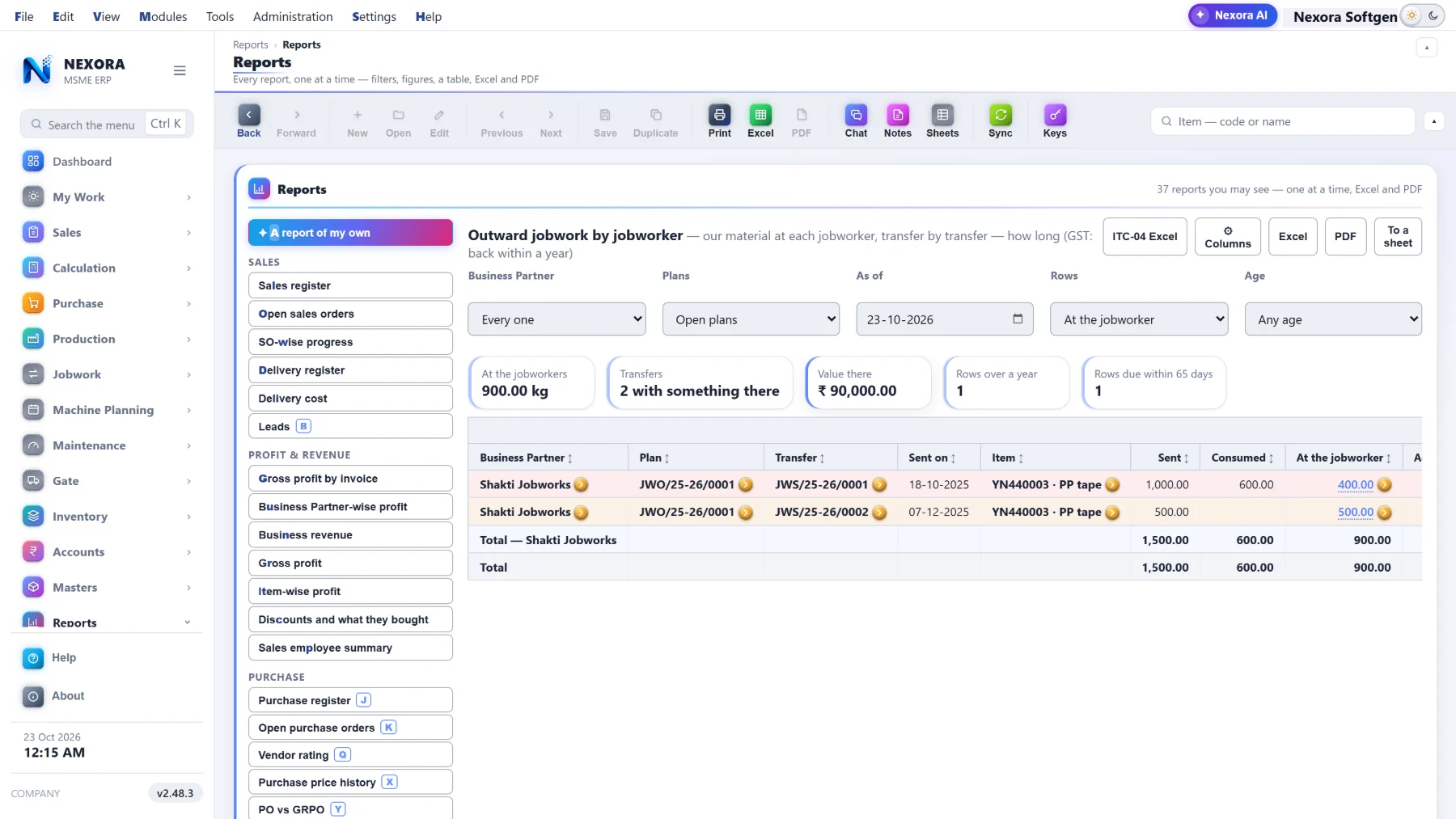 Outward jobwork by jobworker: partner, plan, transfer and item with sent, consumed and at the jobworker, the age of each, rows over a year, and an ITC-04 Excel button
