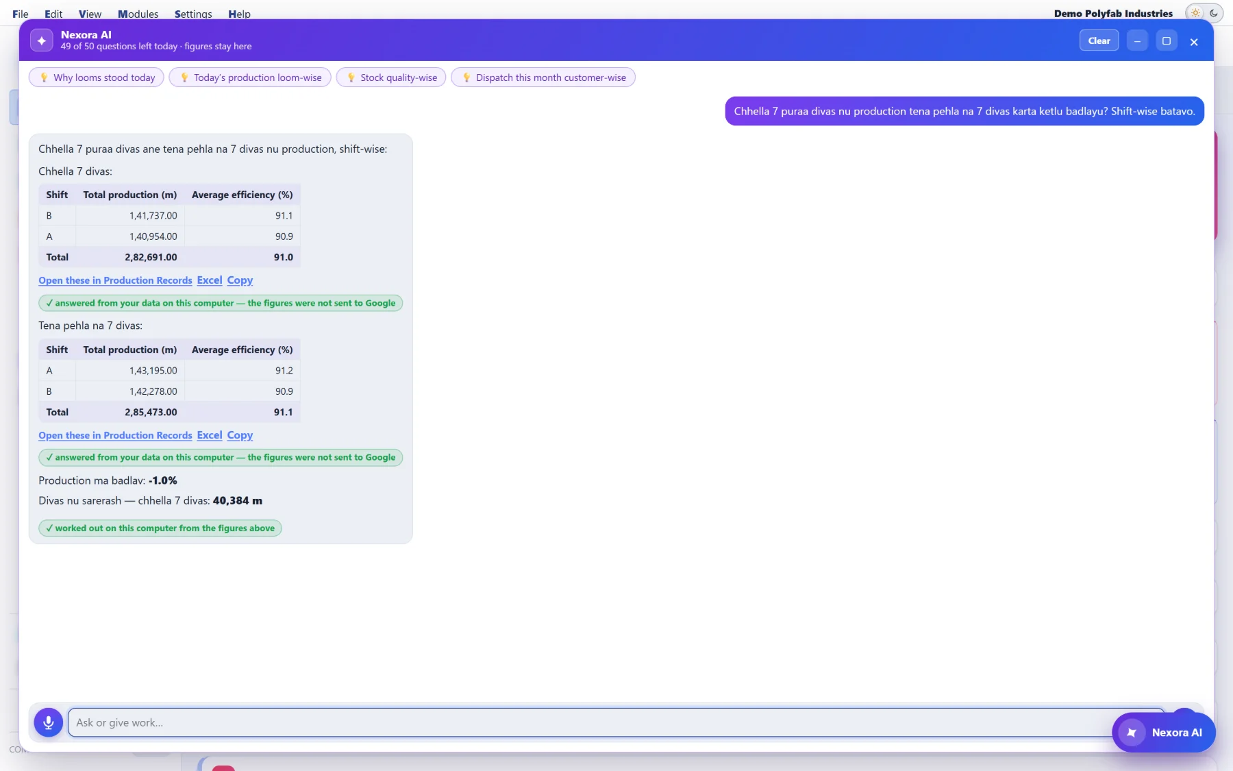 Nexora AI answering a question about this week against the week before: two searches, the tables, the change worked out as a percentage and the daily average