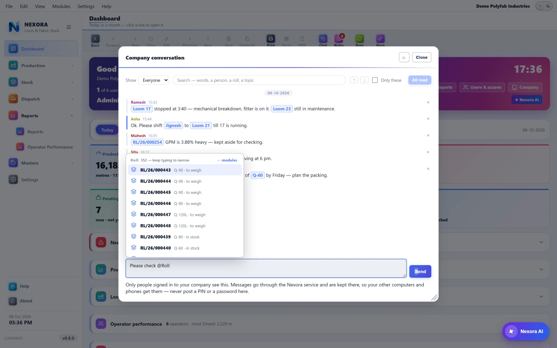 Typing @ in the company conversation opens a picker: Roll, Slip, Loom, Quality, Customer, Operator and People