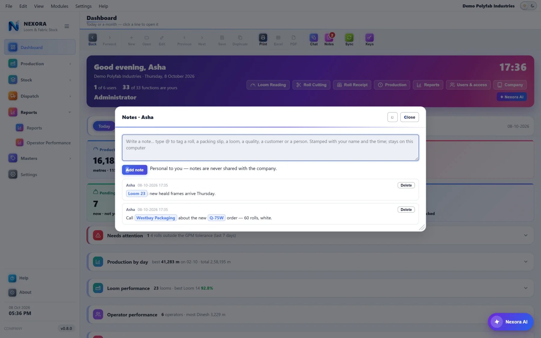 The Notes pad — a personal note tagging a person and a roll, stamped with the name and the time, with Delete
