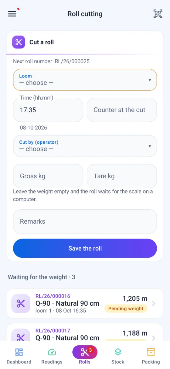Roll cutting on the phone, with the next roll number already given