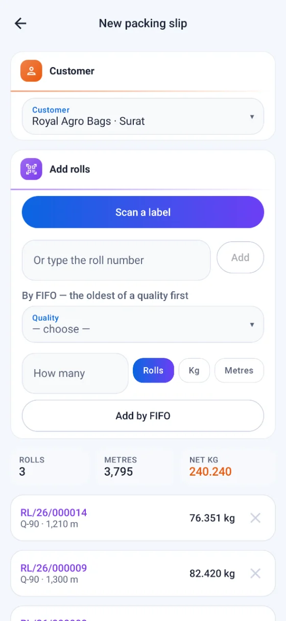 A new packing slip on the phone — the customer, then the rolls