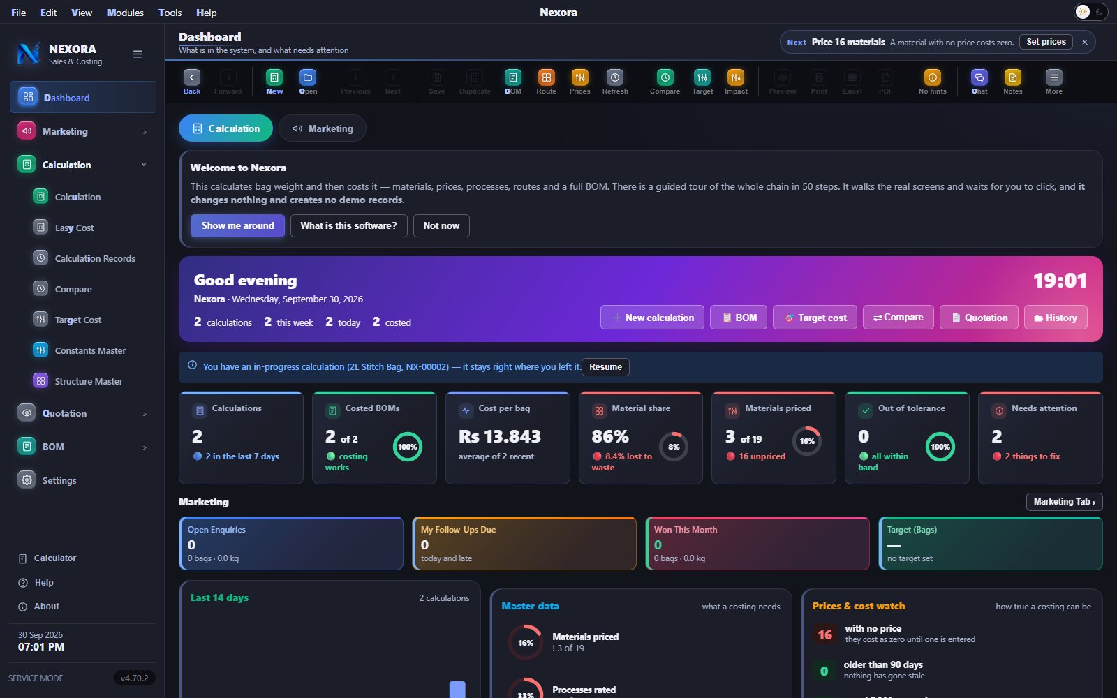 Nexora Sales & Costing Dashboard, Calculation tab, dark theme