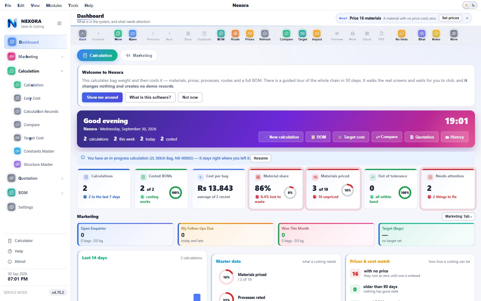 Nexora Sales & Costing dashboard with live KPIs and needs-attention panel