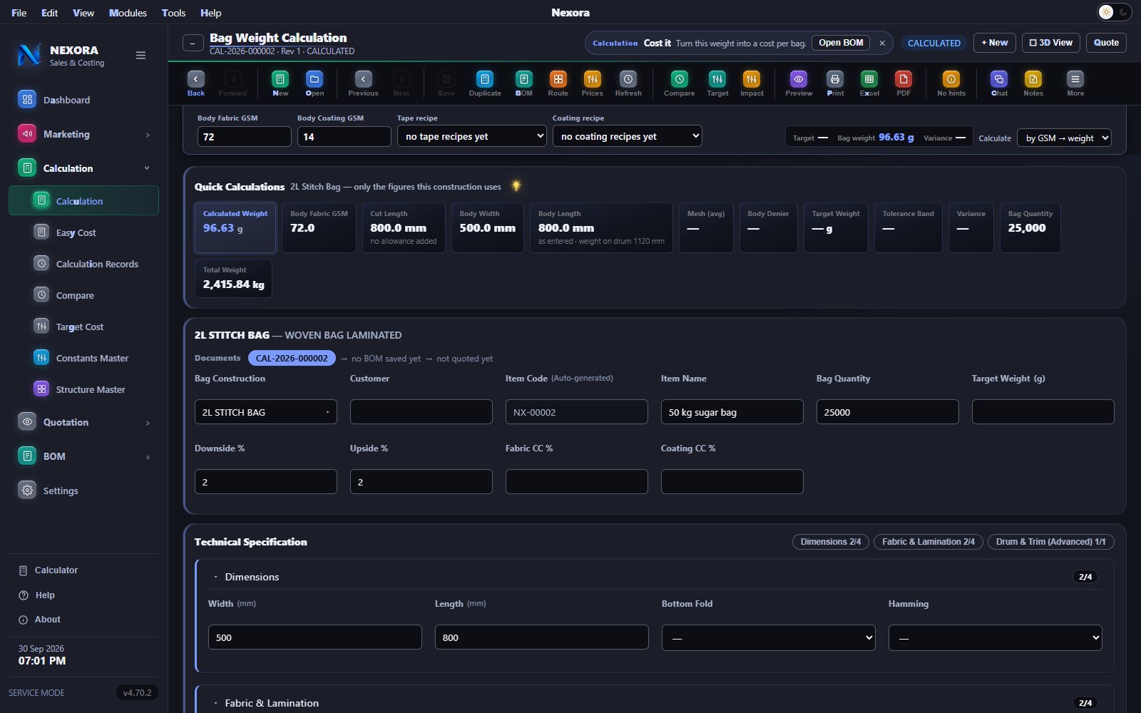 Nexora weight calculation window, dark theme