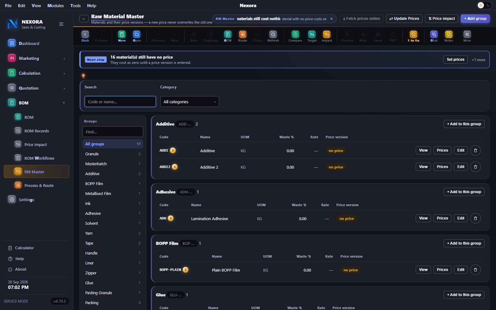 Nexora RM master with price versions, dark theme