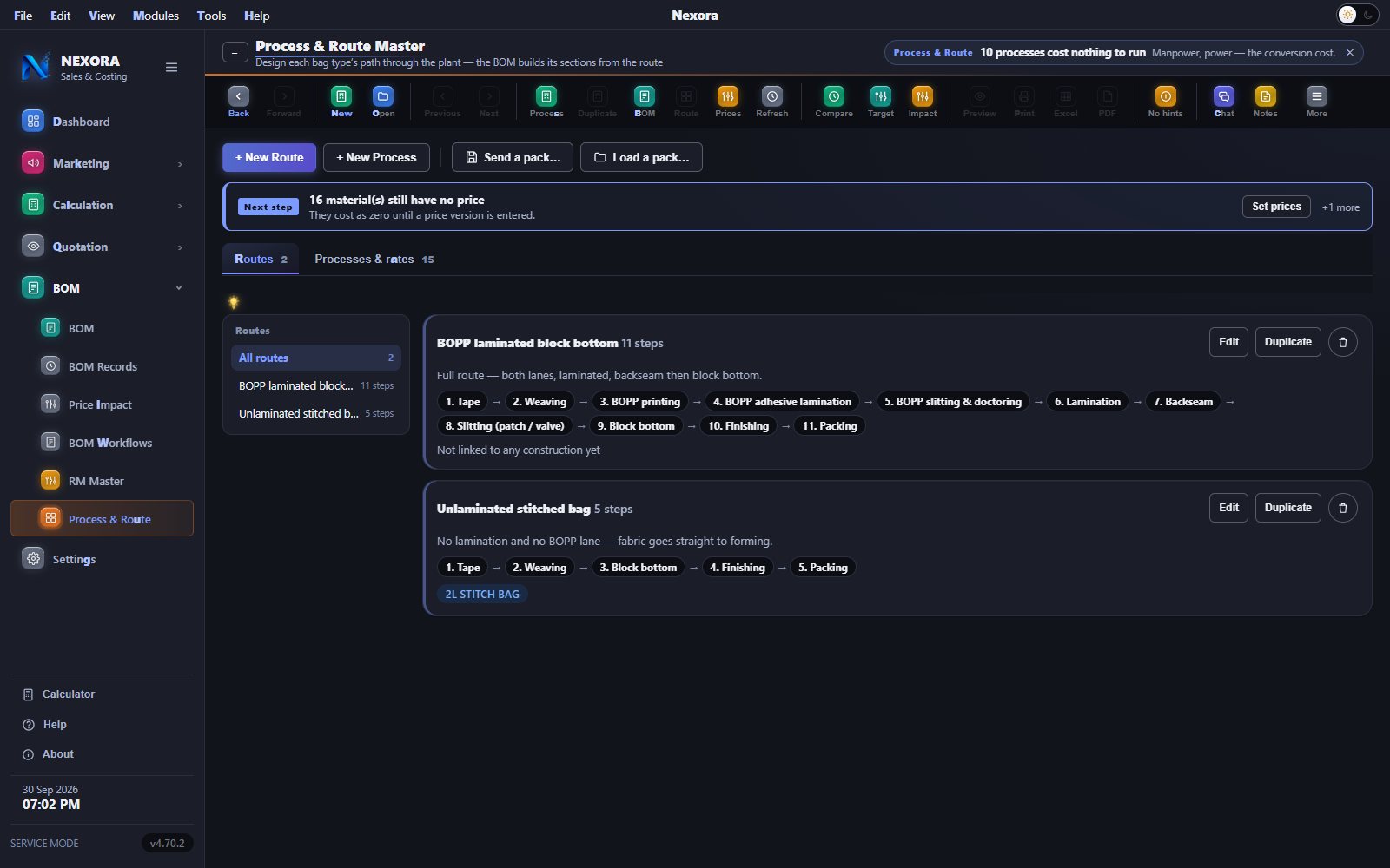 The Process & Route Master with two routes and their steps in order, dark theme