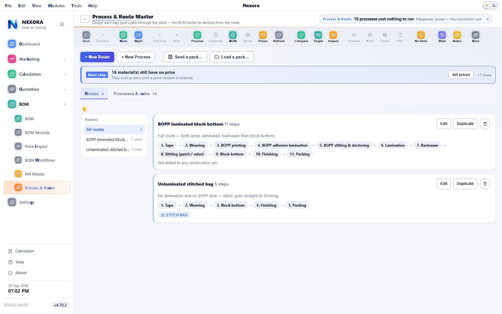 The Process & Route Master with two routes and their steps in order, light theme