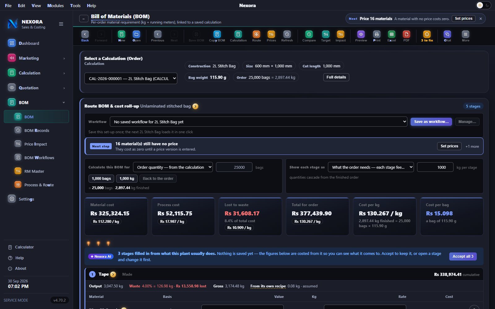Nexora costed Bill of Materials screen in the dark theme