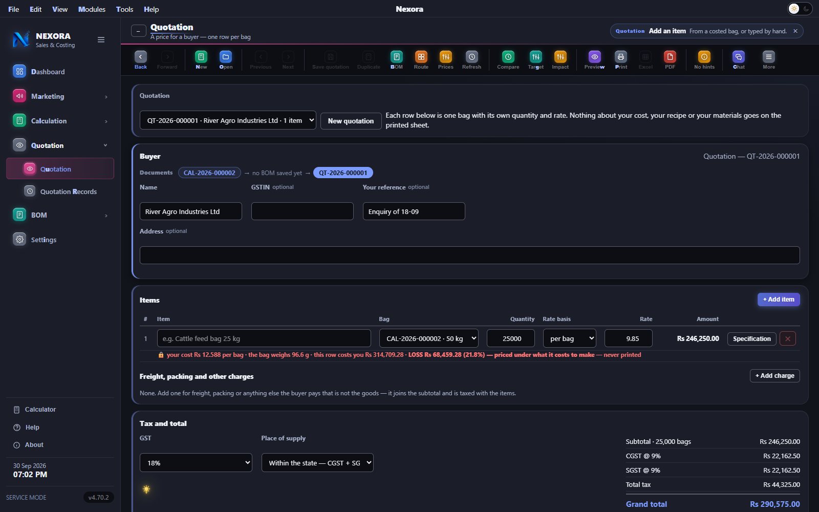 Nexora quotation window, dark theme