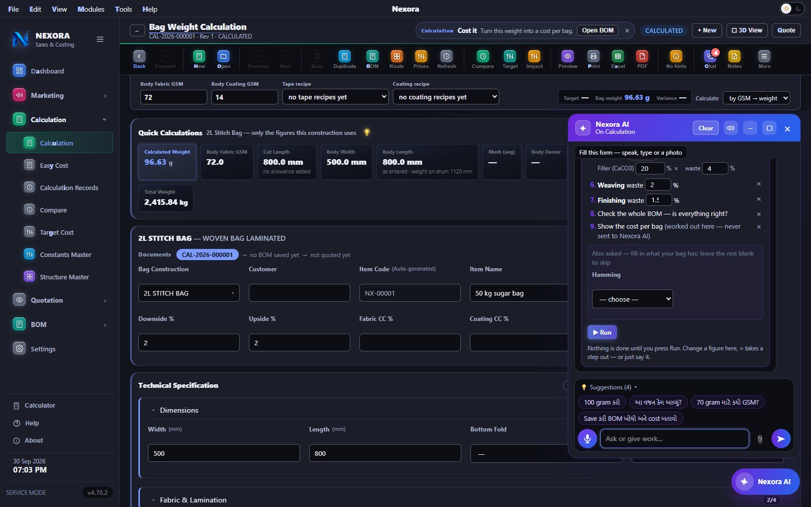 Nexora AI on the calculation window with the steps it will run, dark theme