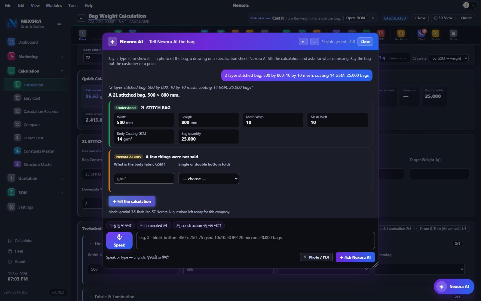 Nexora AI filling a calculation from a spoken specification, dark theme