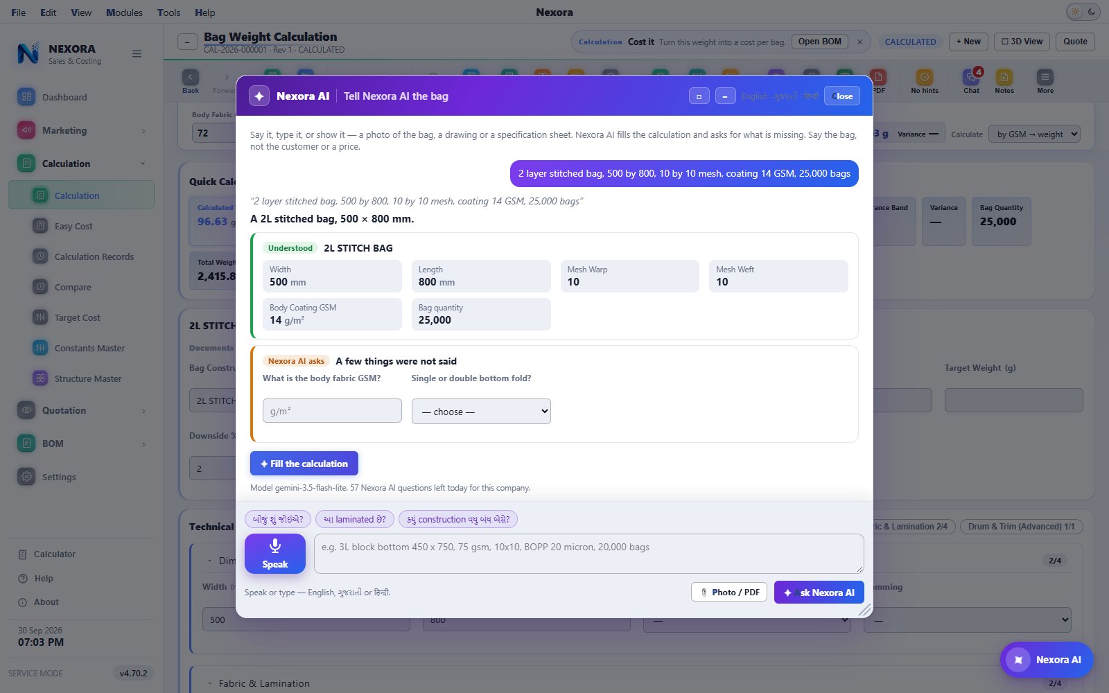 Nexora AI filling a calculation from a spoken specification, light theme