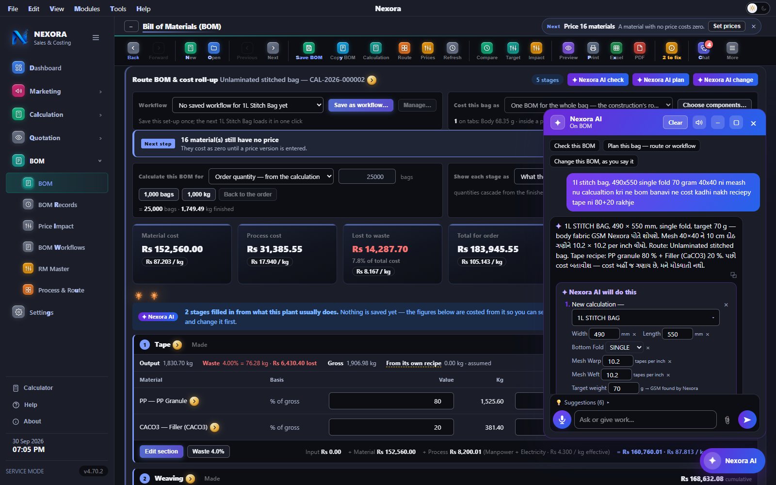 Nexora AI after Run: the bag weighed, saved and routed, every stage set, the BOM checked and costed, dark theme