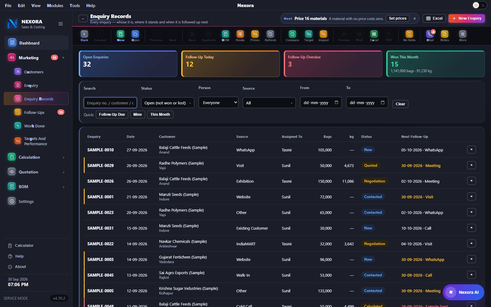 Enquiry Records: tiles, filters, statuses and the next follow-up of every enquiry, dark theme