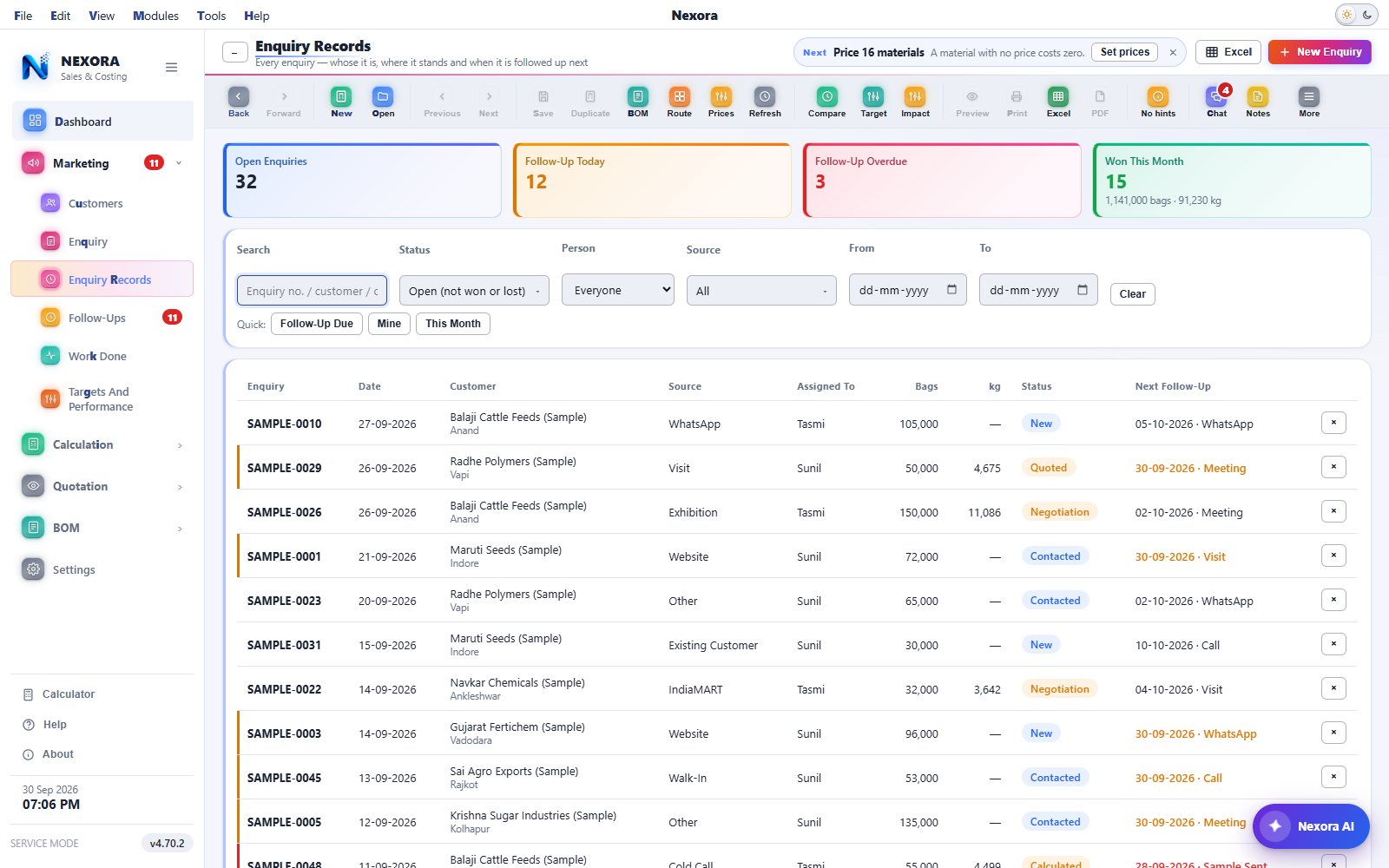 Enquiry Records: tiles, filters, statuses and the next follow-up of every enquiry, light theme