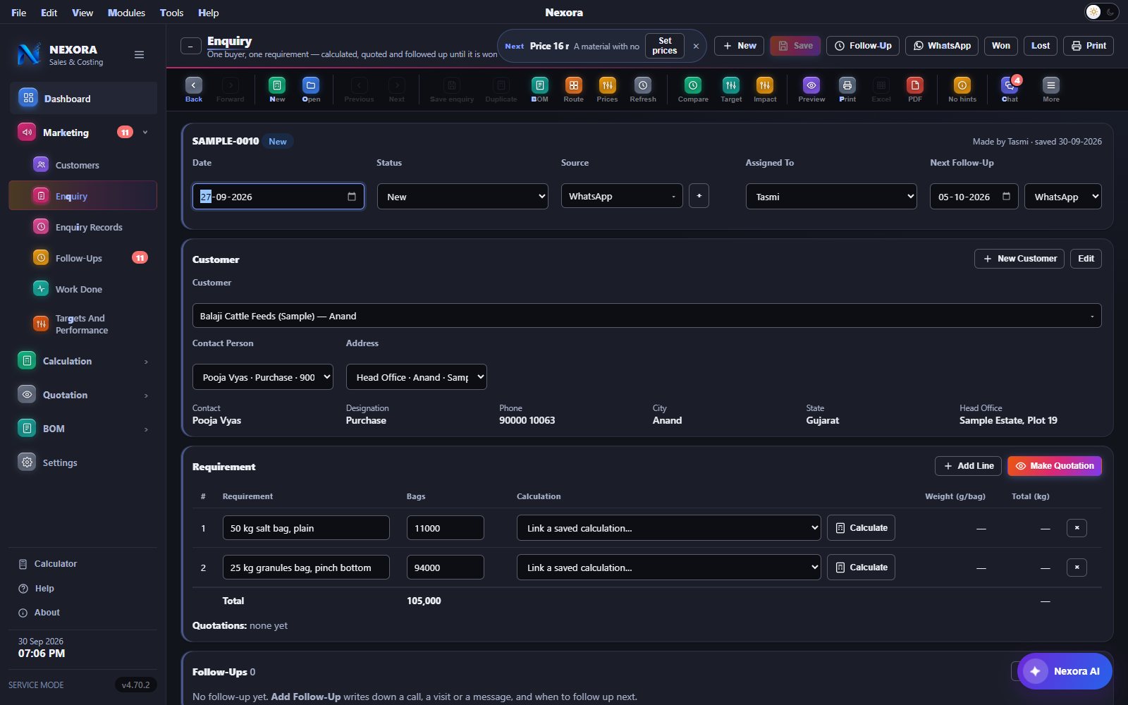One enquiry: customer, contact person, address, requirement lines linked to calculations, and Make Quotation, dark theme