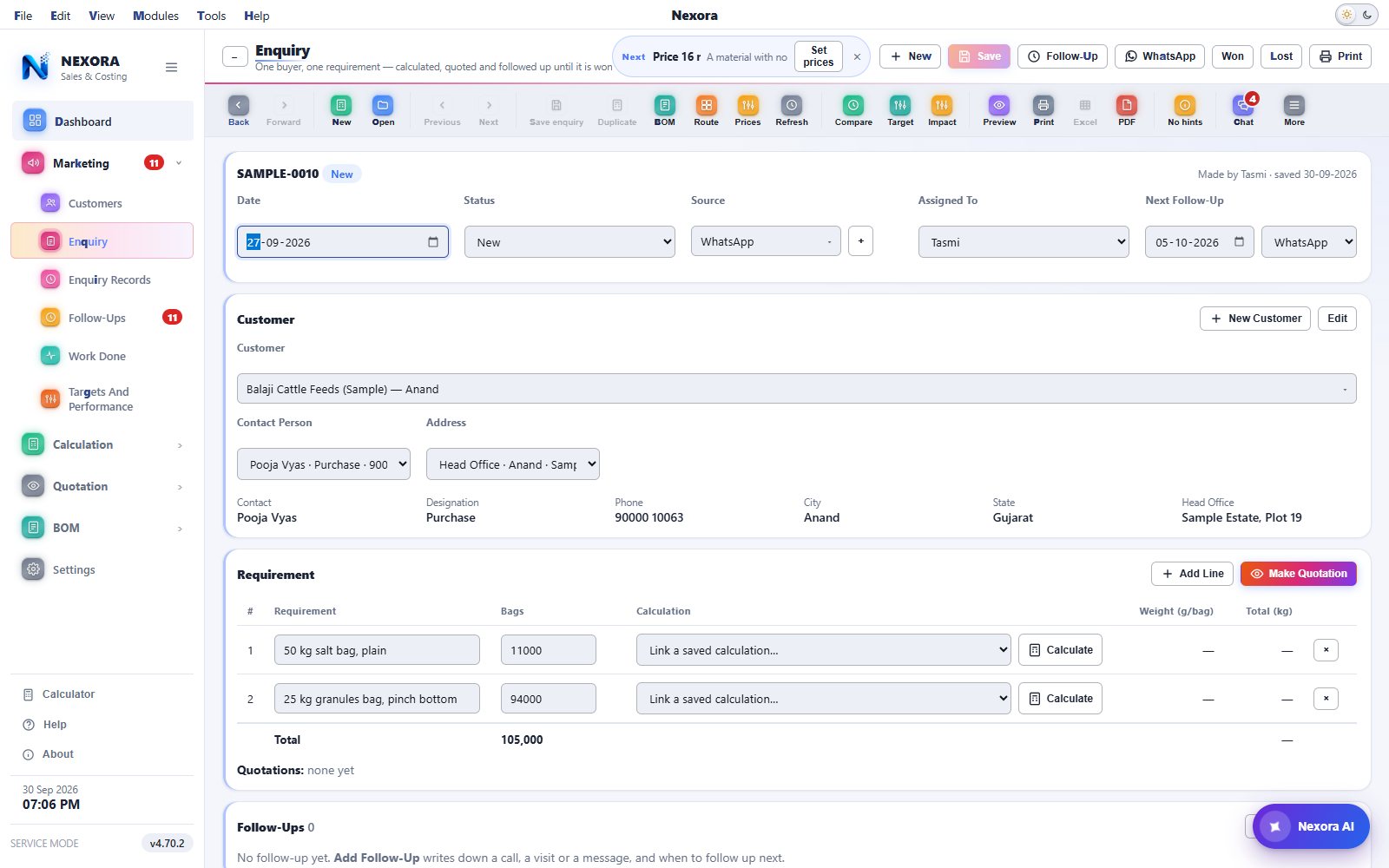One enquiry: customer, contact person, address, requirement lines linked to calculations, and Make Quotation, light theme