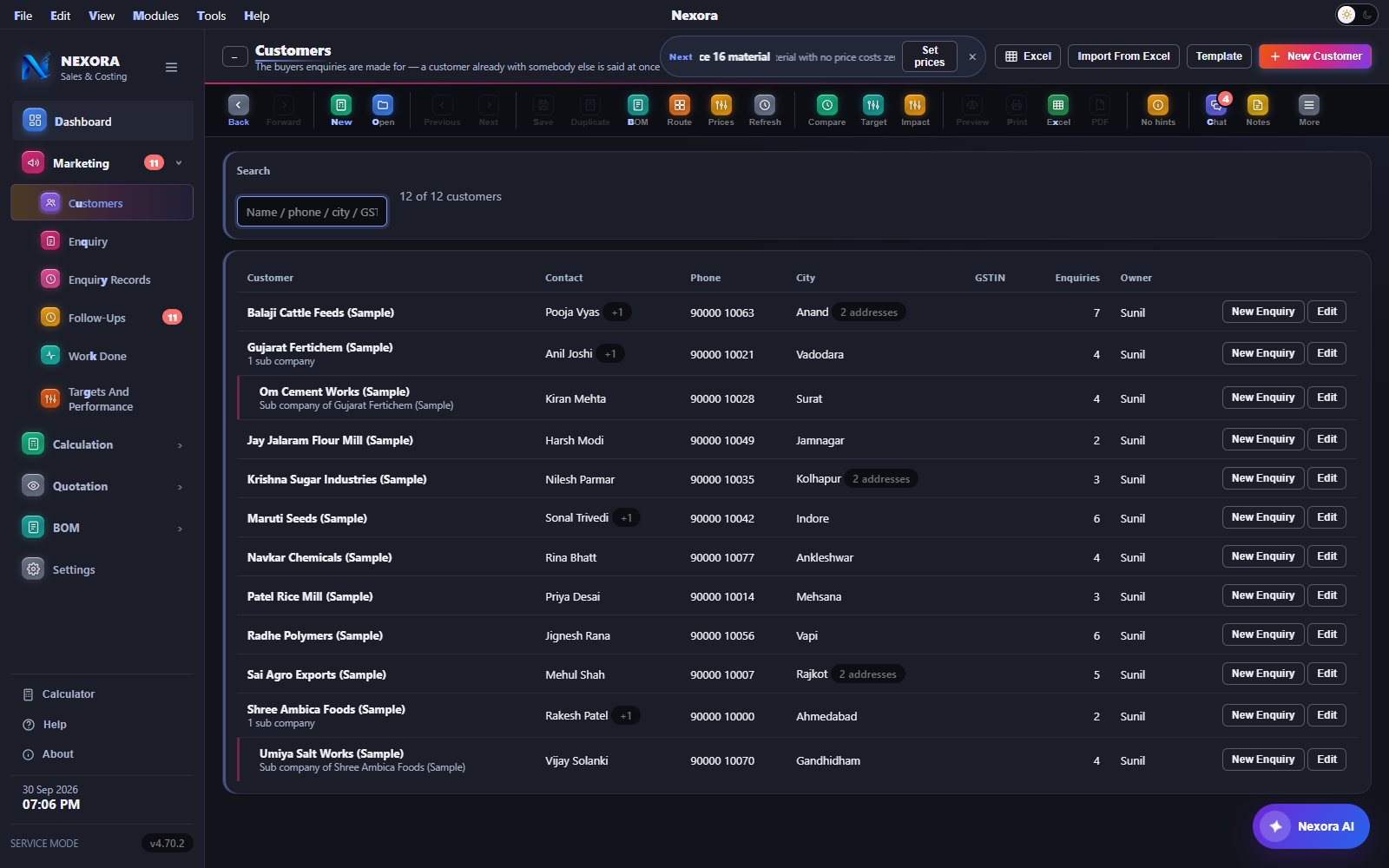 Customers with contacts, addresses, sub companies and New Enquiry on each row, dark theme