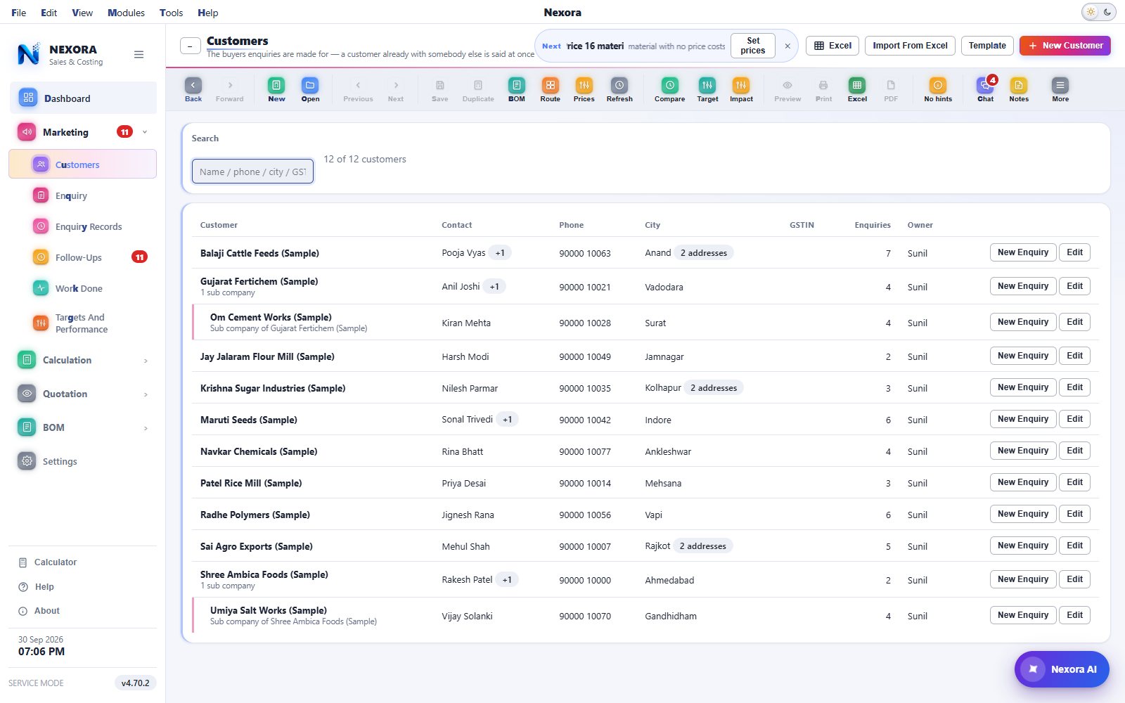 Customers with contacts, addresses, sub companies and New Enquiry on each row, light theme