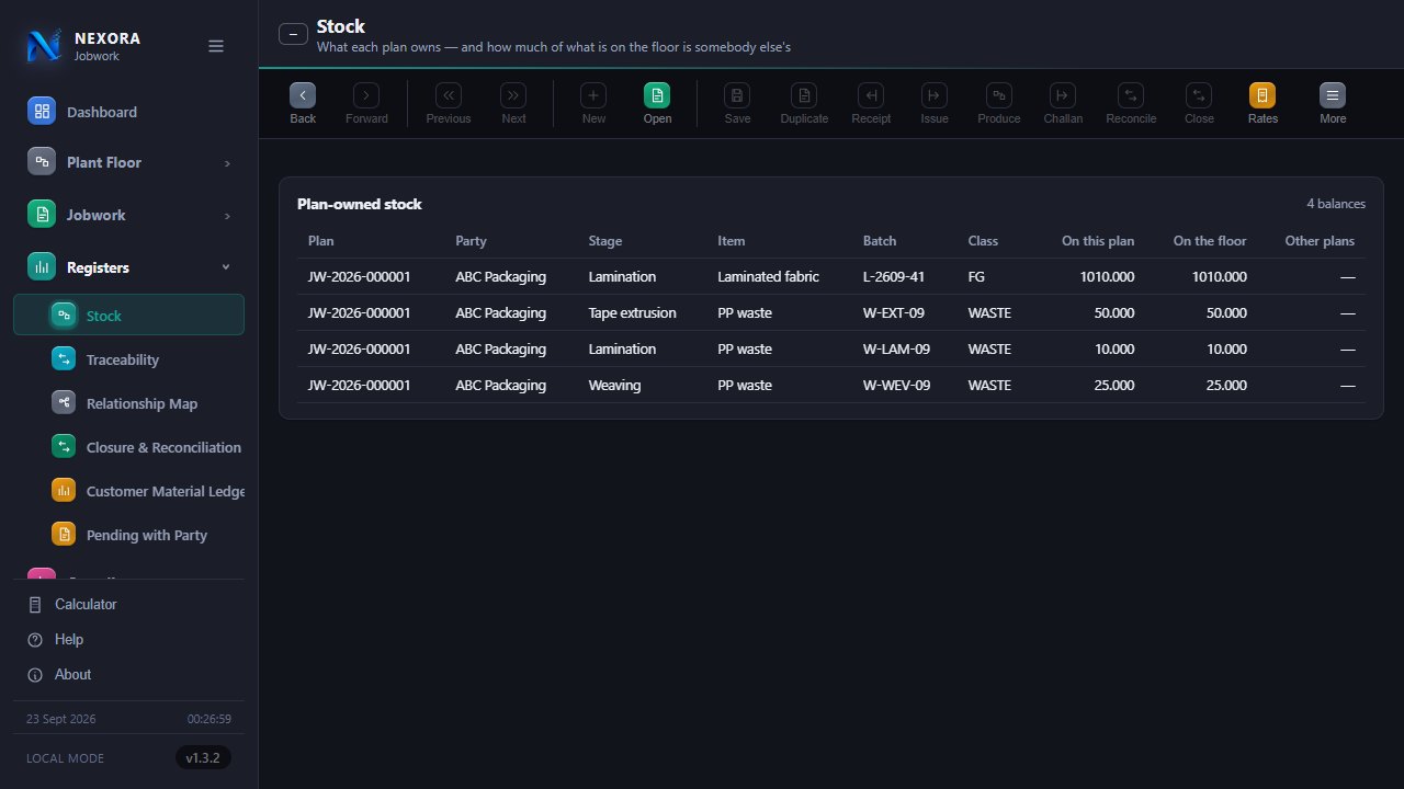 Jobwork stock report, dark theme