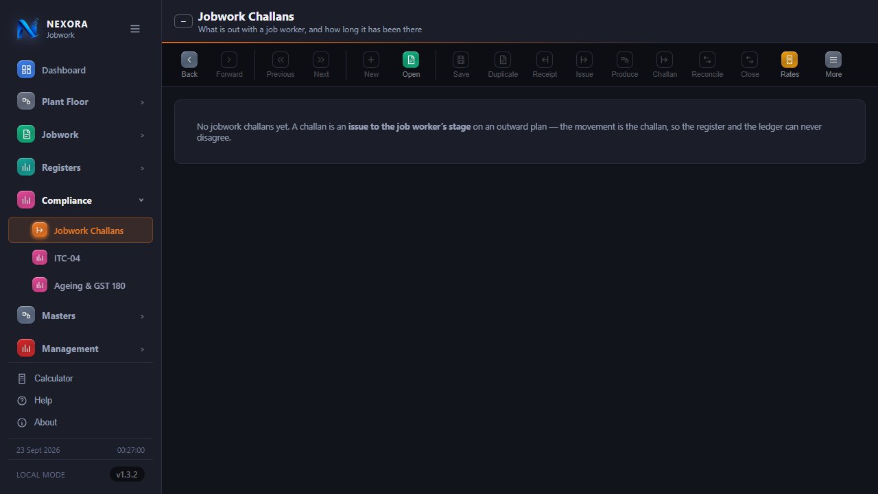 Jobwork challan register with the section 143 clock, dark theme