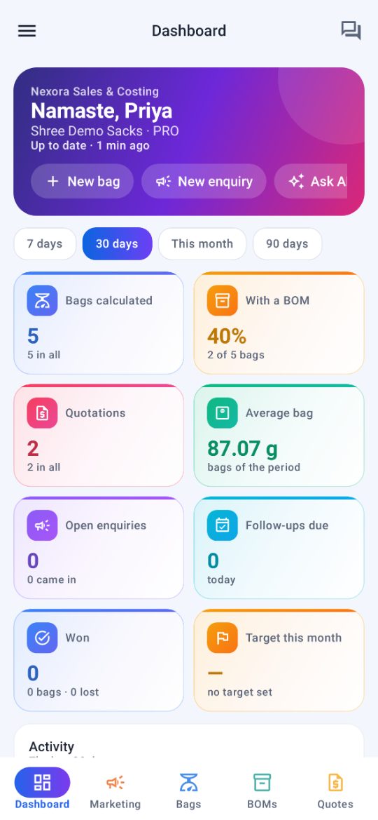Nexora Mobile dashboard: tiles for bags, BOMs, quotations, enquiries, follow-ups, won and the month's target