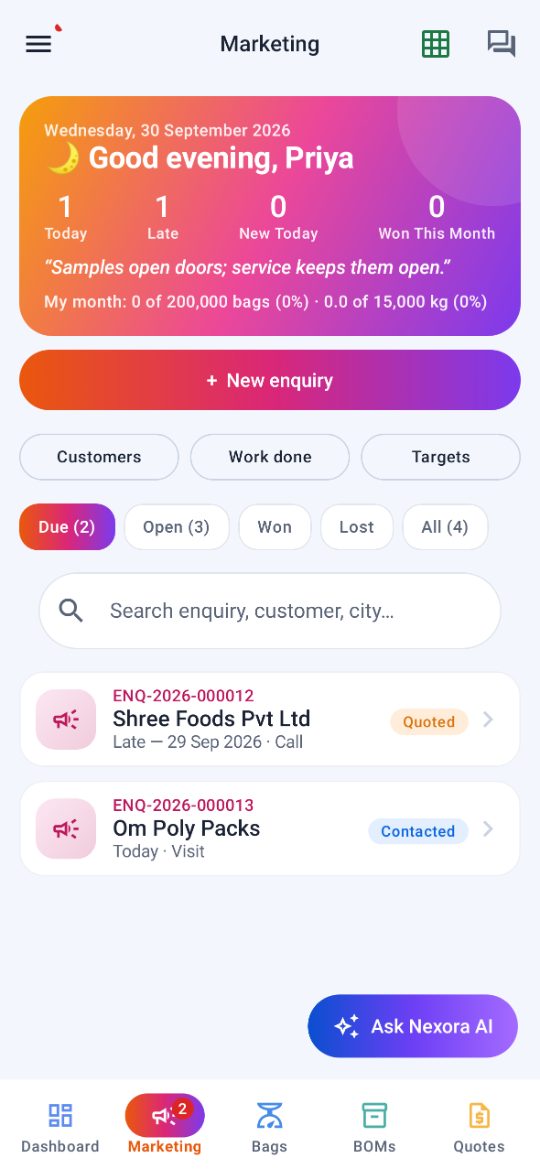 Nexora Mobile Marketing: the day's card, New enquiry, and the enquiries due