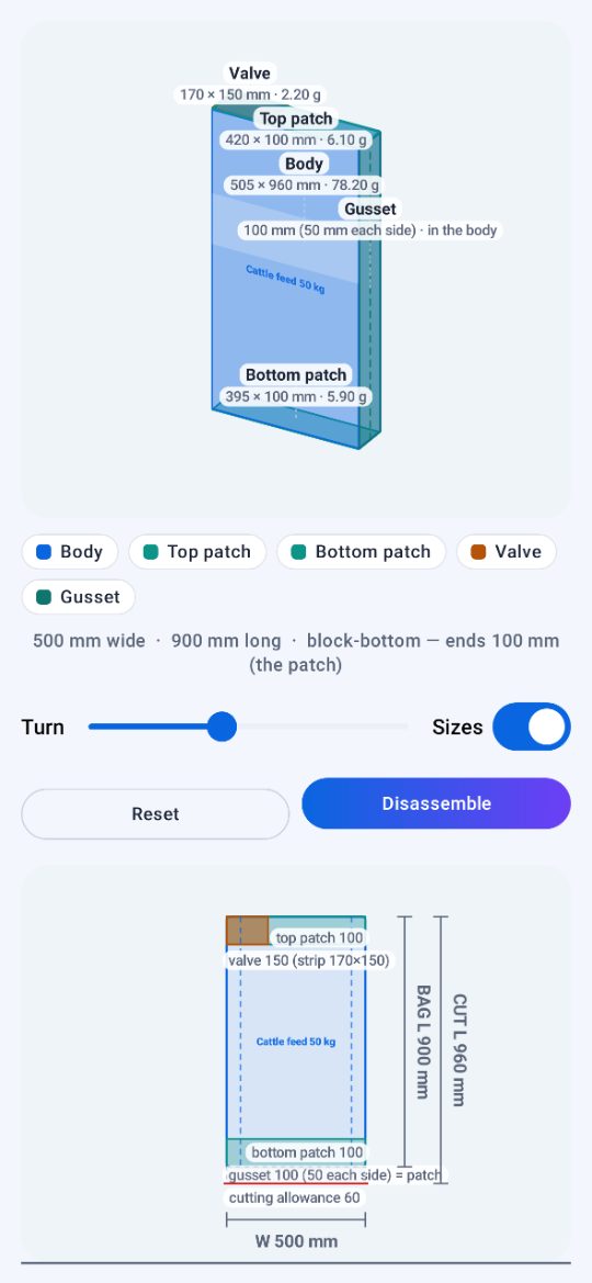 Nexora Mobile 3D bag view of a block bottom bag with every part sized, and the lay-flat view