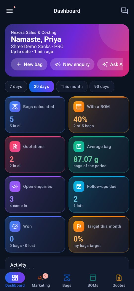 Nexora Mobile dashboard in the dark theme