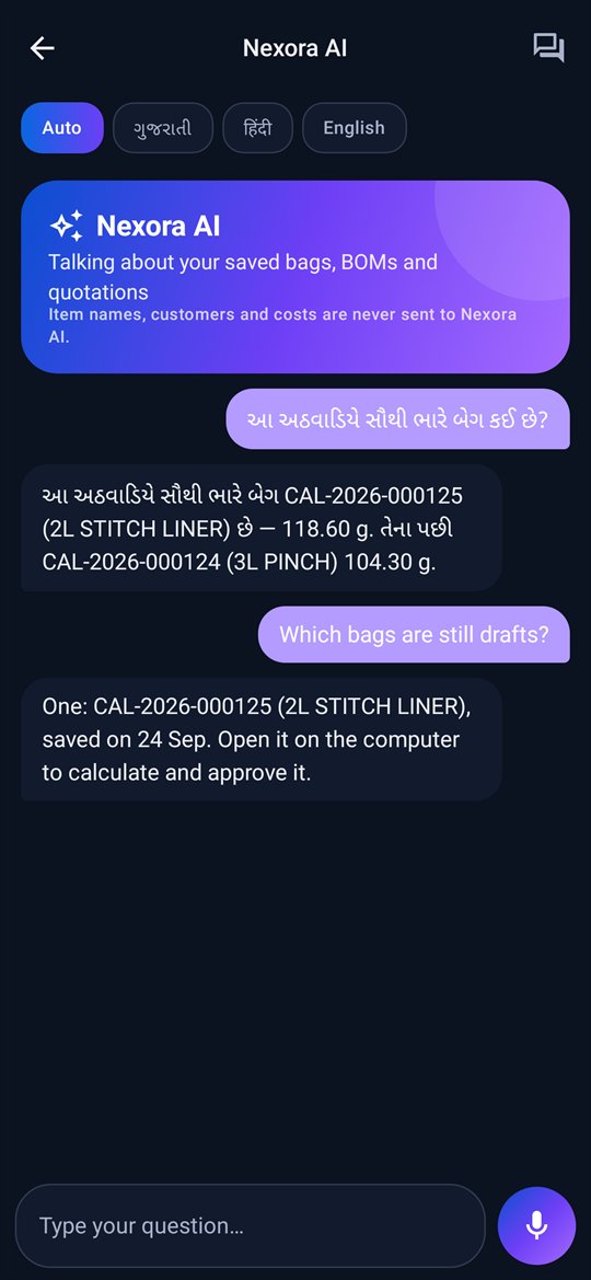 Nexora AI on the phone in the dark theme, answering in Gujarati and English