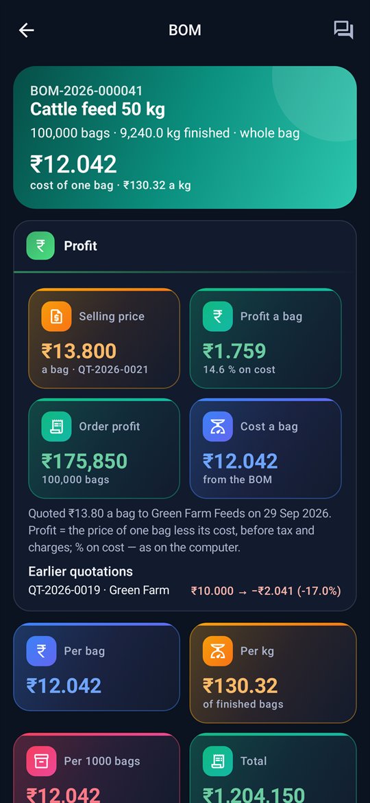 Nexora Mobile BOM with cost and profit, dark theme