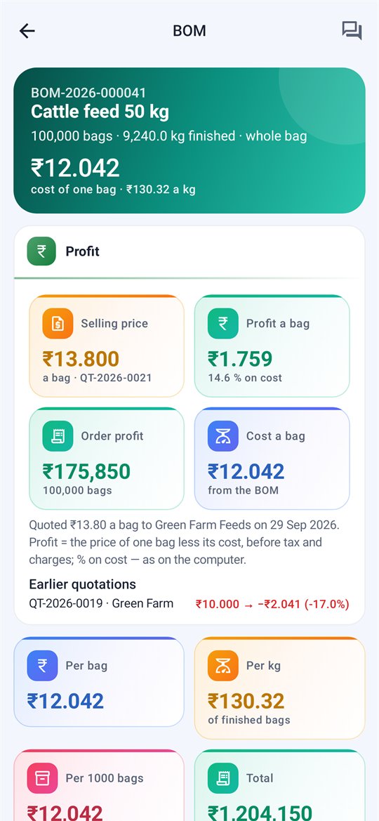 Nexora Mobile BOM: cost of one bag, the selling price from its quotation, the profit a bag and on the order