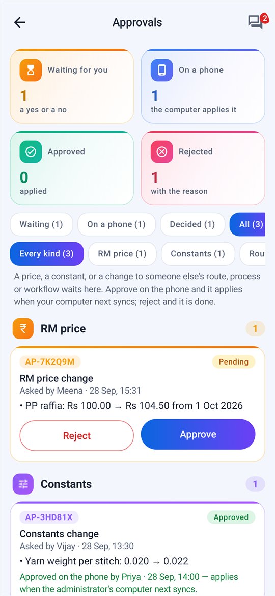 Nexora Mobile approvals grouped by kind, with waiting, approved on a phone, approved and rejected
