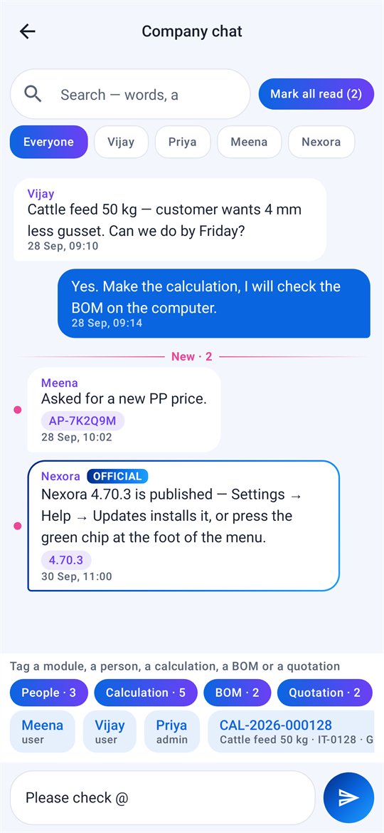 Nexora Mobile company chat: @ offers the modules — people, calculation, BOM, quotation — and a notice from Nexora marked official